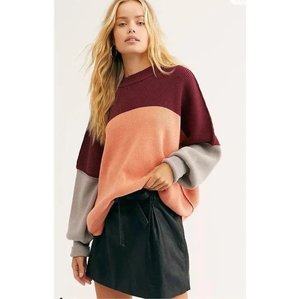 Free People Easy Street Colorblock Ribbed Oversized Sweater Burgundy Peach S